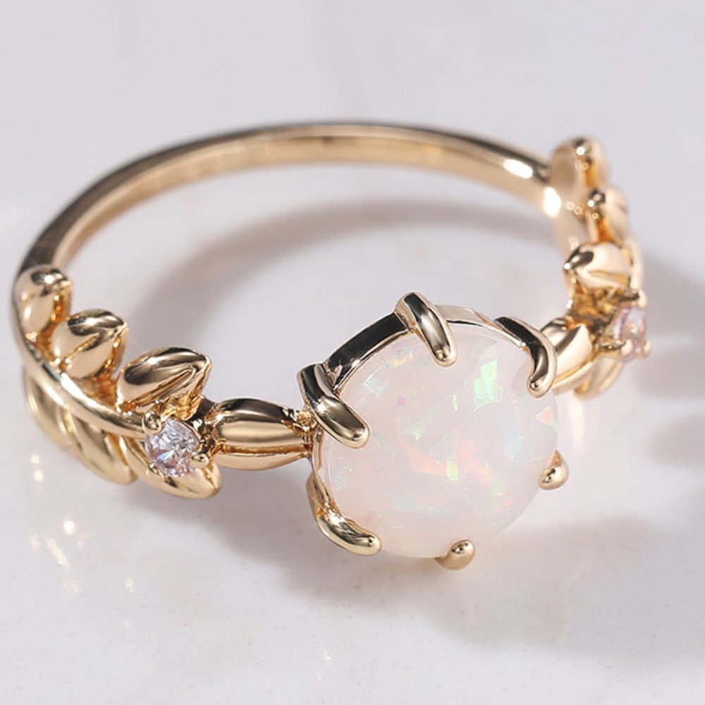 🦋 Dainty Opal CZ Gold Plated Beautiful Fashion Leaf Trendy RingWomen,UNV…